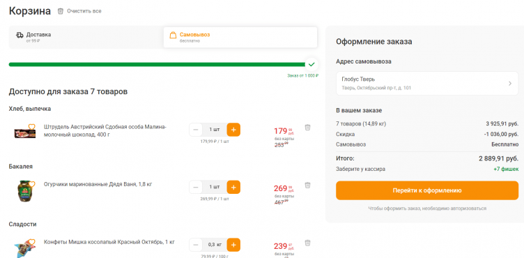 Товары в корзине на сайте Глобус