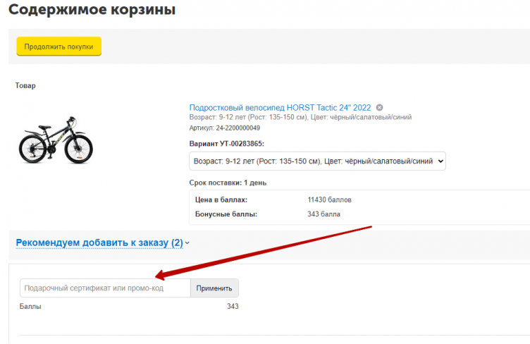 Ввод промокода НаВелосипеде