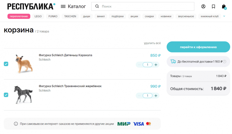 Товары в корзине на сайте Республика