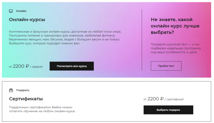 Выбор курса на сайте Sekta