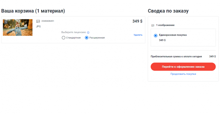 Оформление заказа на сайте Shutterstock