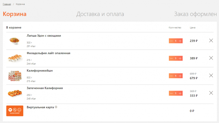Оформление заказа на сайте Сушишоп