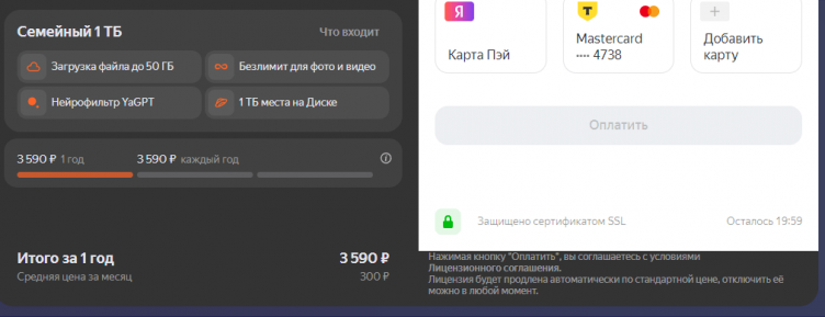 Оформление заказа на сайте Яндекс 360