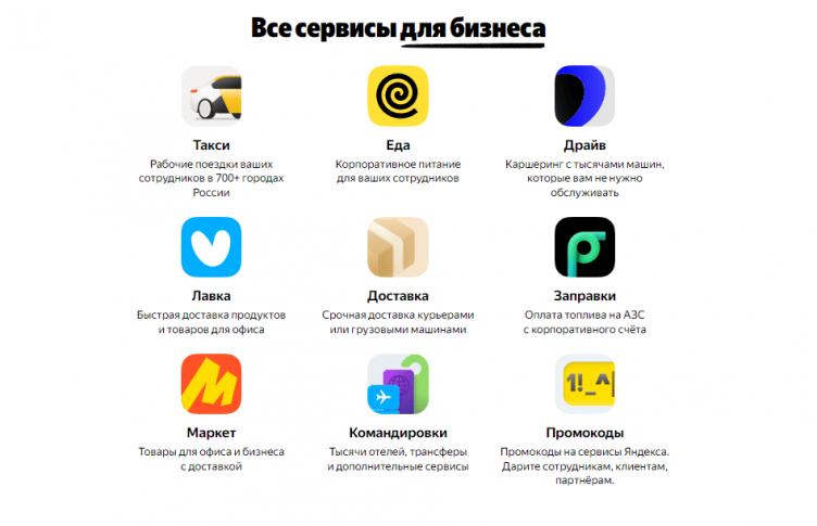 Выбор услуг на сайте Яндекс Go для бизнеса