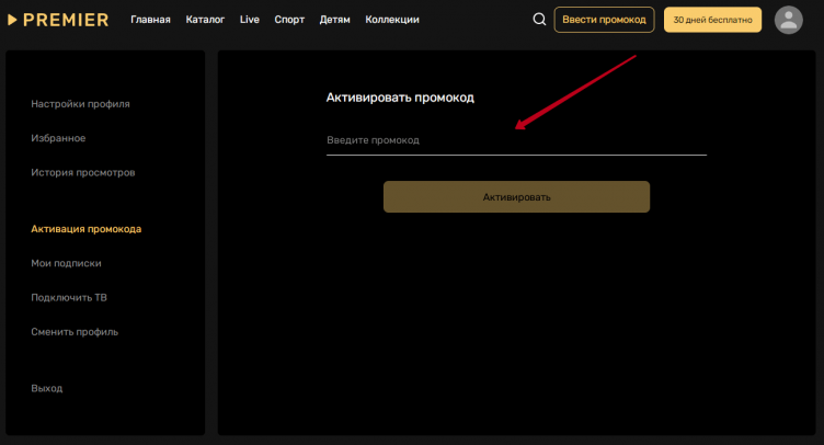 Ввод промокода Premier