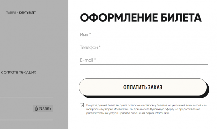Бронирование билета на сайте MazaPark