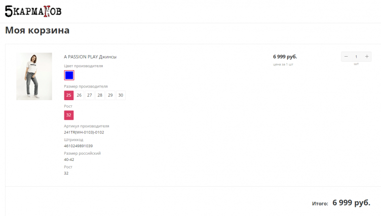 Оформление заказа на сайте 5 карманов