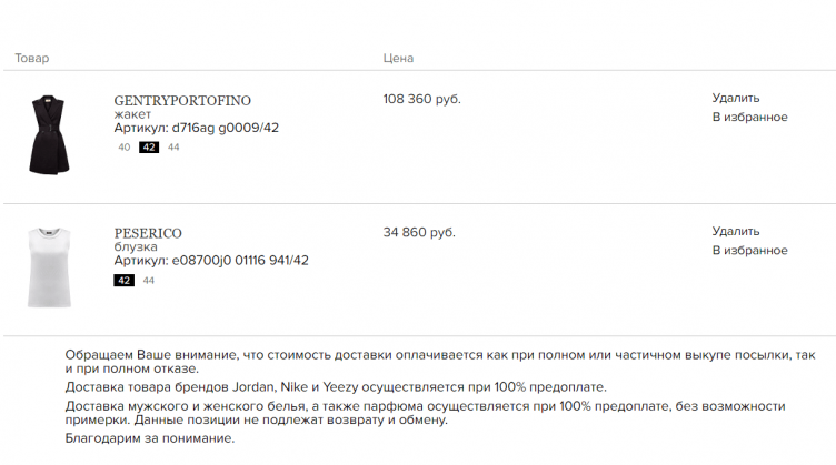 Товары в корзине на сайте Intermoda