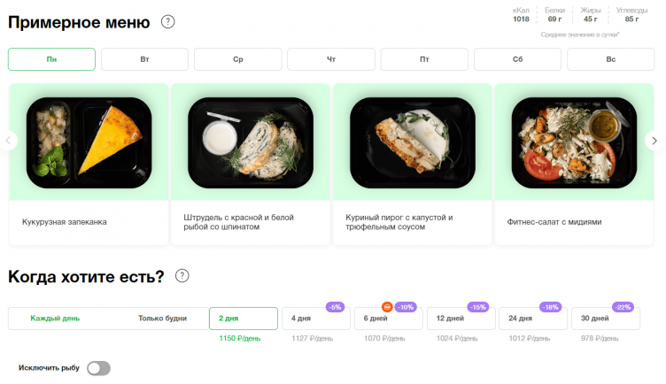 Выбор блюд на сайте Level Kitchen
